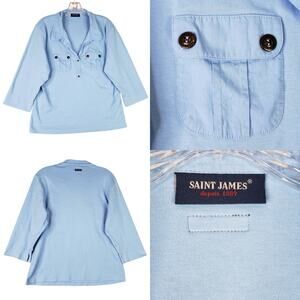 Saint James Henley Top Shirt Light Blue Women’s Size 16 Pockets 3/4 Sleeve